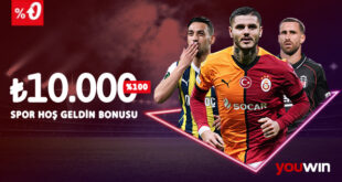 Youwin 10.000 TL spor hoş geldin bonusu kampanyası, ünlü futbolcularla hazırlanan tanıtım görseli.