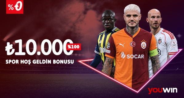 Youwin 10.000 TL spor hoş geldin bonusu kampanyası, ünlü futbolcularla hazırlanan tanıtım görseli.