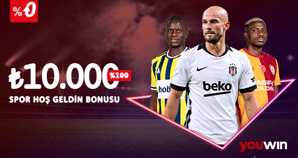Youwin 10.000 TL spor hoş geldin bonusu kampanyası, ünlü futbolcularla hazırlanan tanıtım görseli.